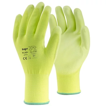 TOP FLUO-Y_PLUS PU mártott védőkesztyű, gumírozott mandzsetta, fluo sárga