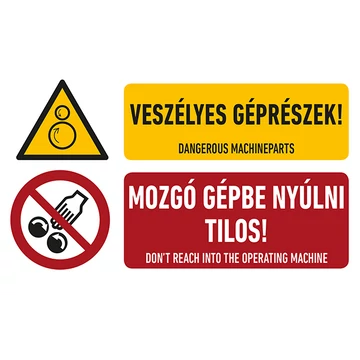 VESZÉLYES GÉPRÉSZEK! MOZGÓ GÉPBE NYÚLNI TILOS!, vinil öntapadó, 250x160