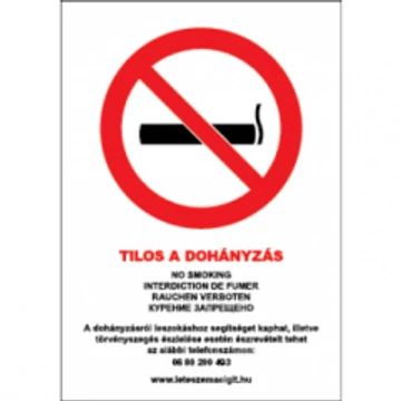 TILOS A DOHÁNYZÁS (5 NYELVŰ, 39/2013. (II. 14.) Korm. rend.), vinil öntapadó, 210x300