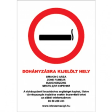 DOHÁNYZÁSRA KIJELÖLT HELY (5 NYELVŰ, 39/2013. (II. 14.) Korm. rend.), vinil öntapadó, 210x300