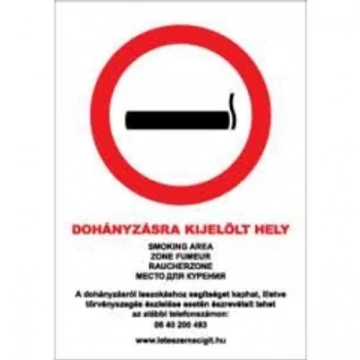 DOHÁNYZÁSRA KIJELÖLT HELY (5 NYELVŰ, 39/2013. (II. 14.) Korm. rend.), PVC 1 mm, 210x300