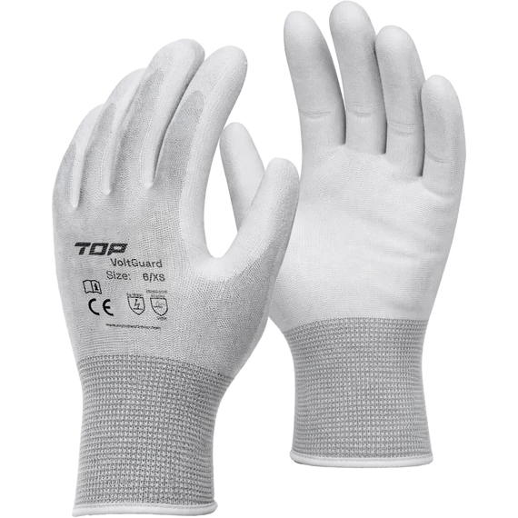 PU mártott poliészter kesztyű szénszállal TOP VOLTGUARD, szürke/fehér, 9